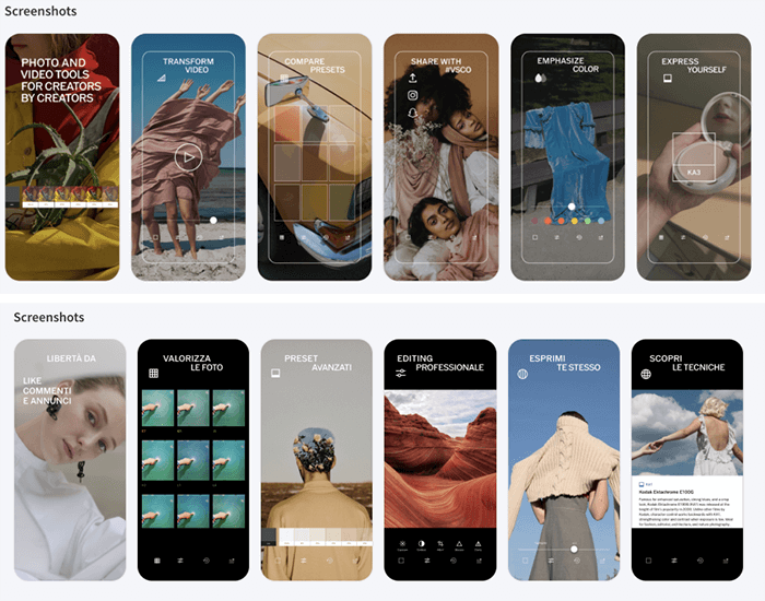 Captures d'écran de l'application Vsco