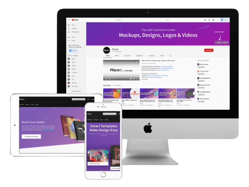 白い iPad と Iphone を備えた Imac のレスポンシブ モックアップ Responsive Mockup Of An Imac With A White Ipad And Iphone