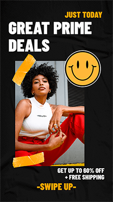 Instagram Story Maker avec un visage jaune souriant pour une offre principale