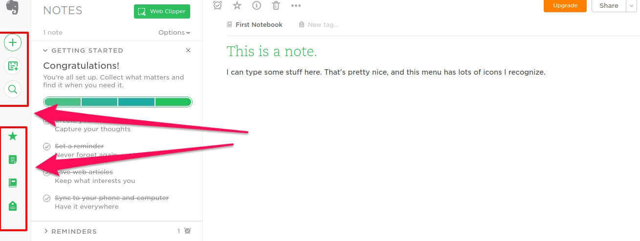 แถบด้านข้างของ Evernote