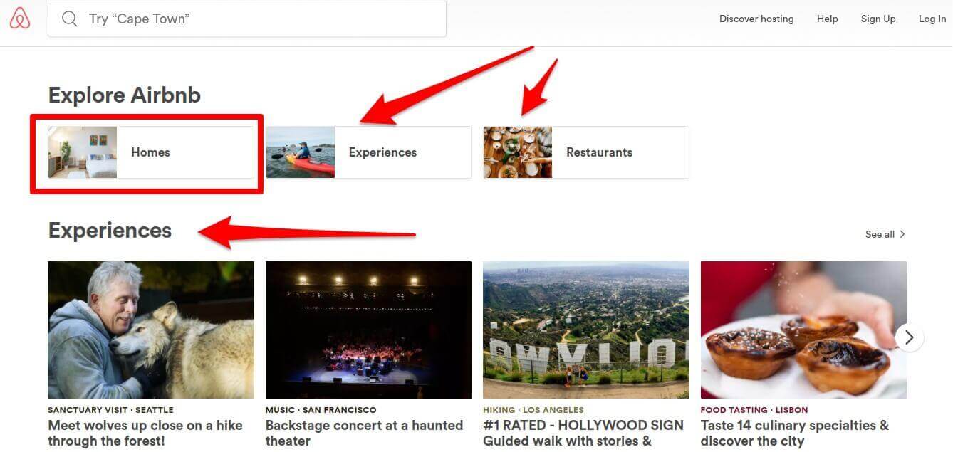 หน้าแรกของ airbnb มีคำอธิบายประกอบ