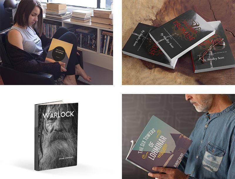 การออกแบบปกหนังสือแฟนตาซีสี่แบบบนแบบจำลองปกหนังสือ