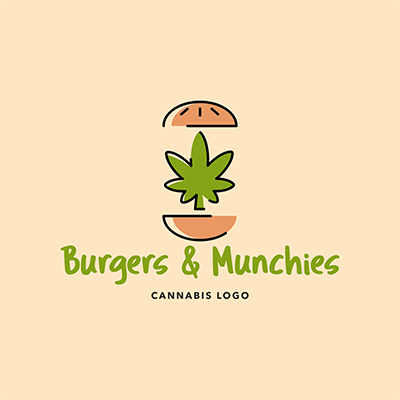 Créateur de logo de restaurant de restauration rapide avec une feuille de marijuana entre deux pains à hamburger