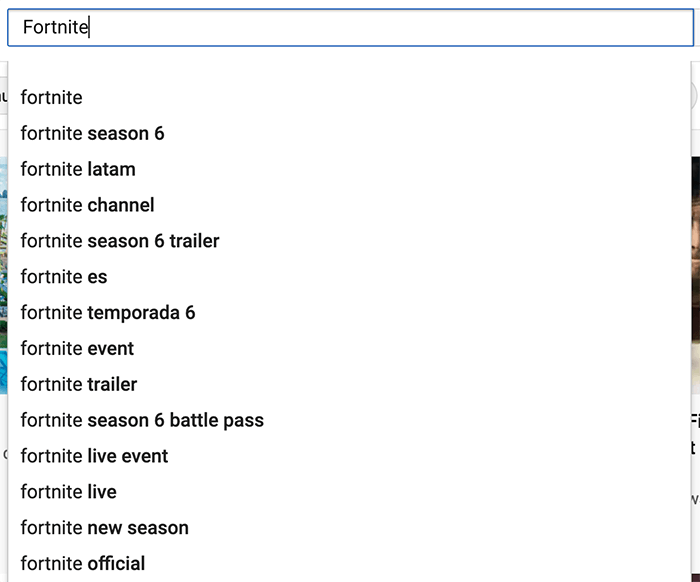 Una búsqueda en google buscando la palabra clave fortnite