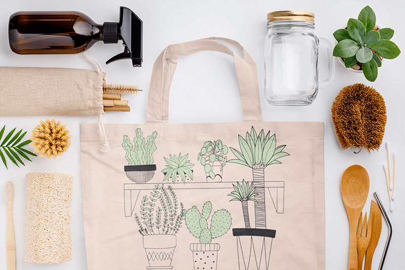 Мокап сублимированной большой сумки в окружении устойчивых продуктов