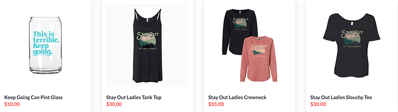 Captura de tela com alguns produtos de podcast de My Favorite Murder Merch