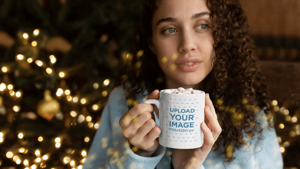 Mug Parallax Video Mockup di una ragazza che si gode il cacao accanto all'albero di Natale 25652