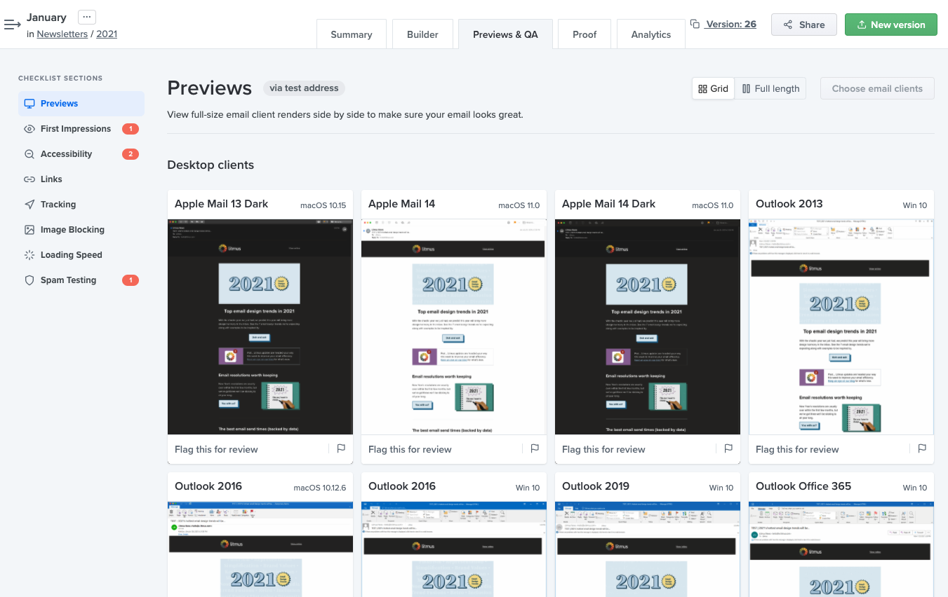 Tableau de bord de prévisualisation des e-mails Litmus