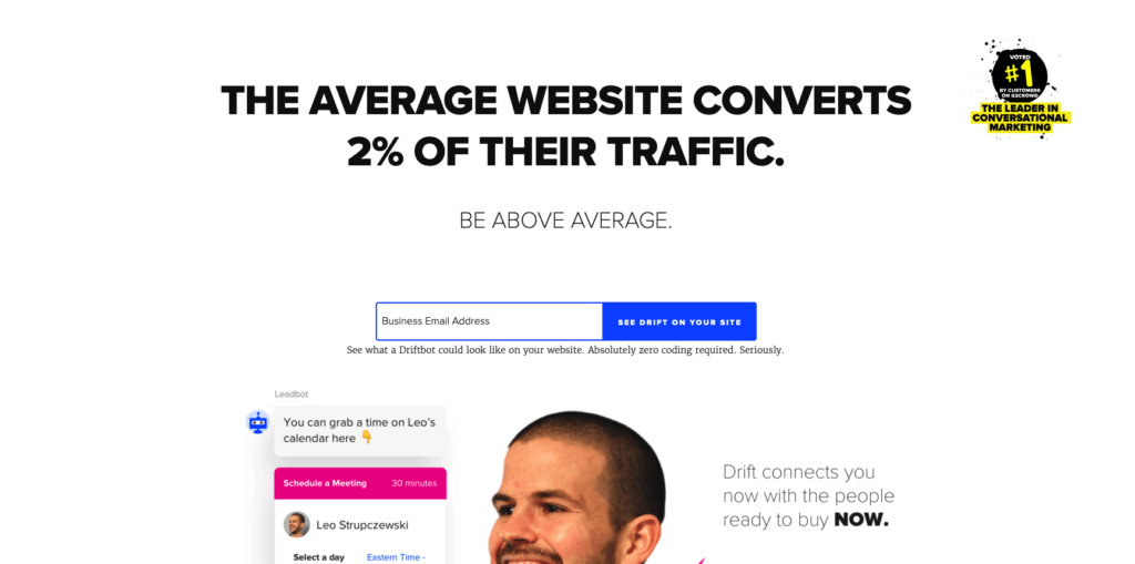 Zrzut ekranu strony głównej Drift w lipcu 2019 r. (Przykład budowania marki B2B firmy Drift)