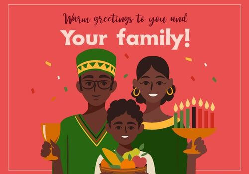 Plantilla de tarjeta de felicitación navideña con gráficos temáticos de Kwanzaa