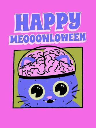 Plantilla de diseño de camiseta inspirada en Halloween con un gato espeluznante con un gran cerebro