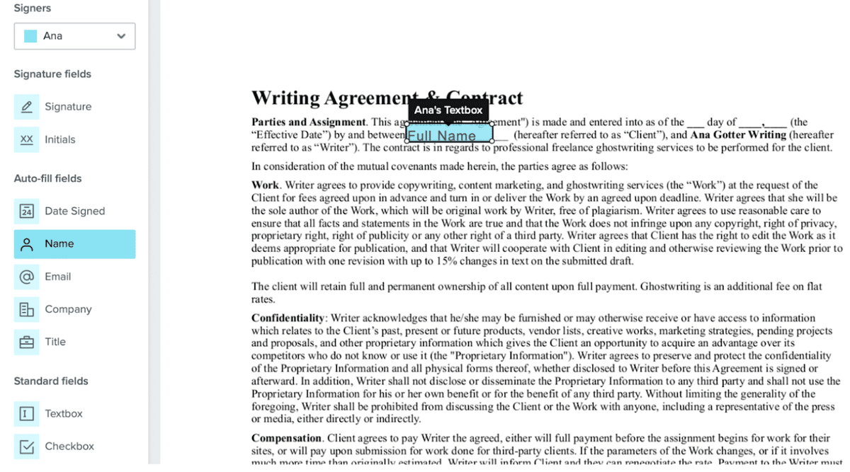 captura de pantalla de detalles del contrato