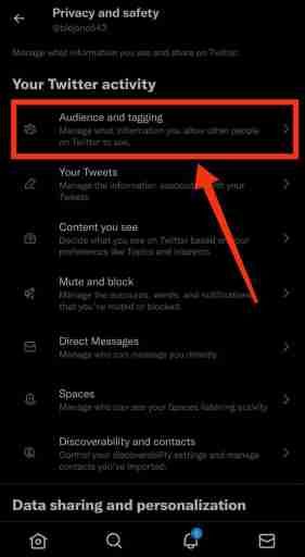 [オーディエンスとタグ付けオプション] をクリックして、Twitter アカウントを非公開にします