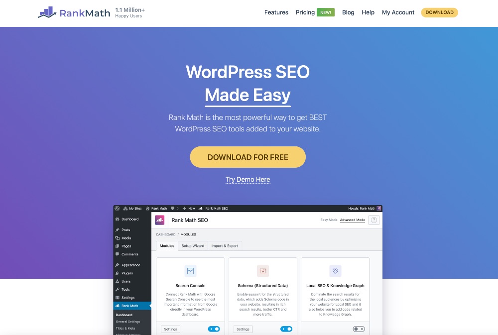 Captură de ecran a paginii de pornire Rank Math cu fereastra demonstrativă