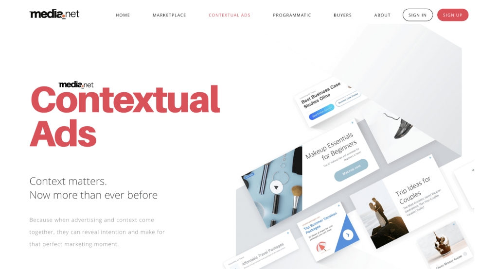 Captură de ecran a paginii de start Media.net pentru editori