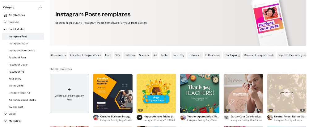 Capture d'écran des modèles de publication Instagram et du menu latéral des modèles de médias sociaux Canva