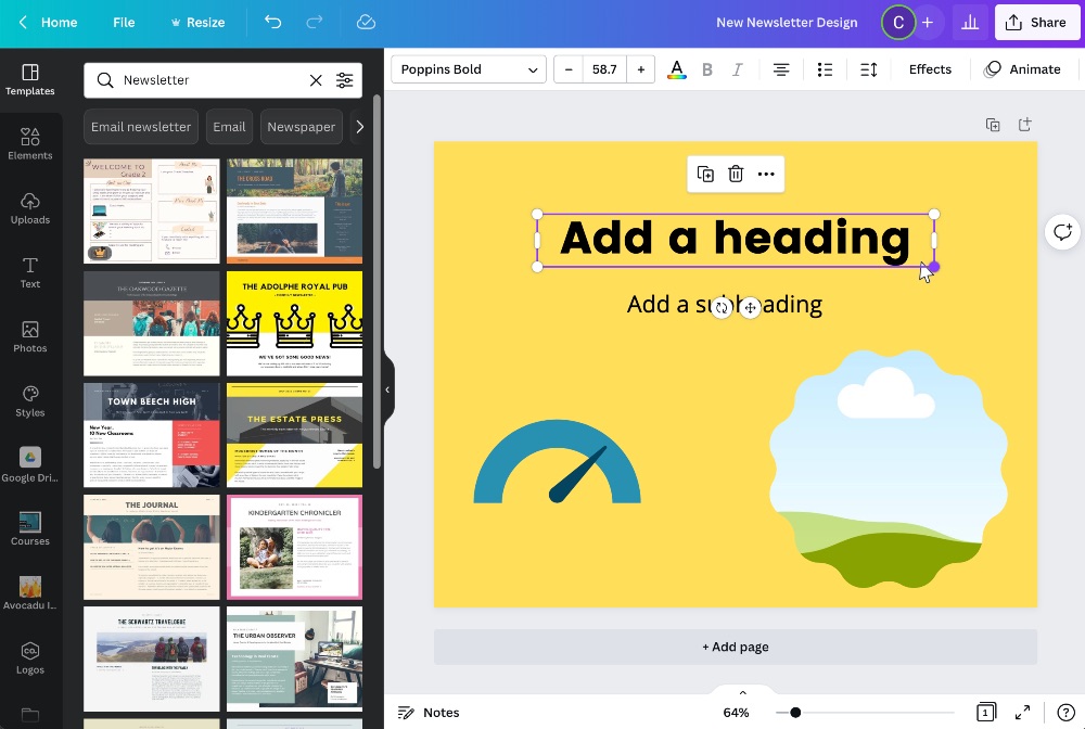Capture d'écran du design Canva en cours d'élaboration avec les modèles de modèles ouverts dans la barre d'outils de l'éditeur
