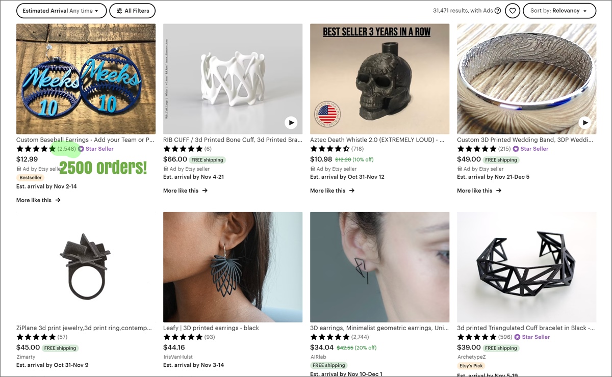 Jóias impressas em 3D no etsy