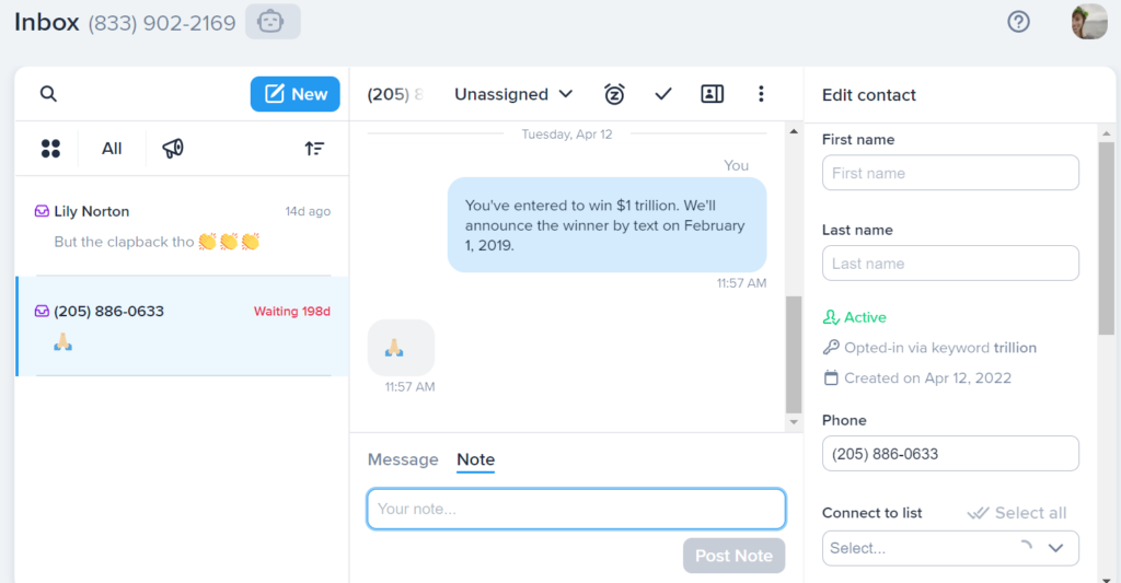 Spojrzenie na funkcję notatek w skrzynce odbiorczej SimpleTexting