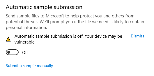 自動サンプリングをオフにしてマルウェア対策サービスの実行可能ファイルを修正する