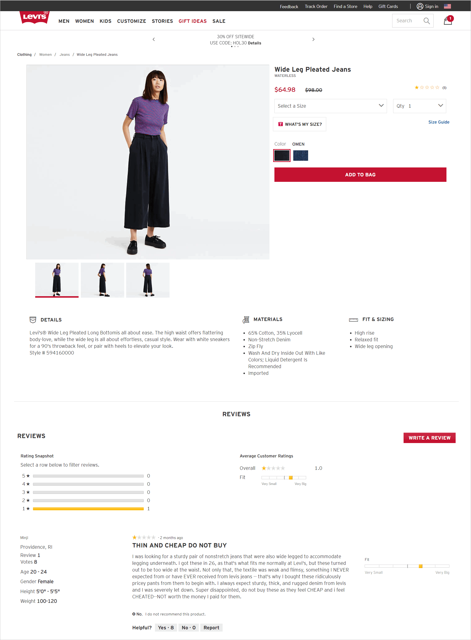 Levi.com product detail page which shows an average rating despite the product having only one &hellip;
