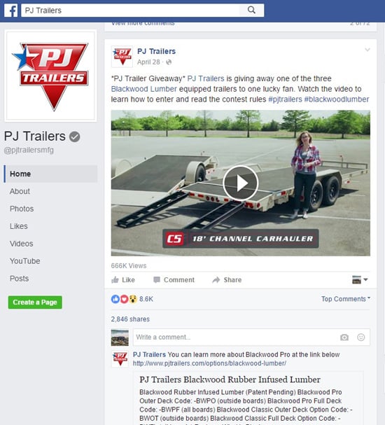 PJ Trailers und Blackwood Lumber Facebook-Timeline-Video-Gewinnspiele