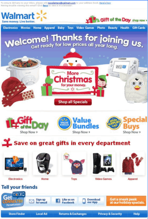 Walmart Christmas ยินดีต้อนรับอีเมลการตลาดในช่วงวันหยุด