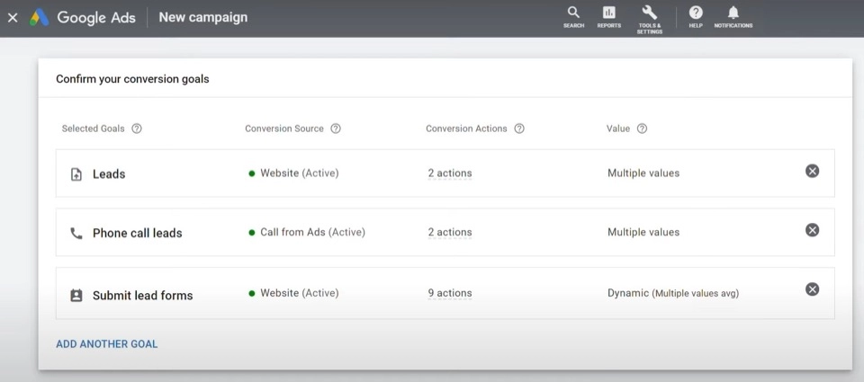 меню «новая кампания» в Google Performance Max