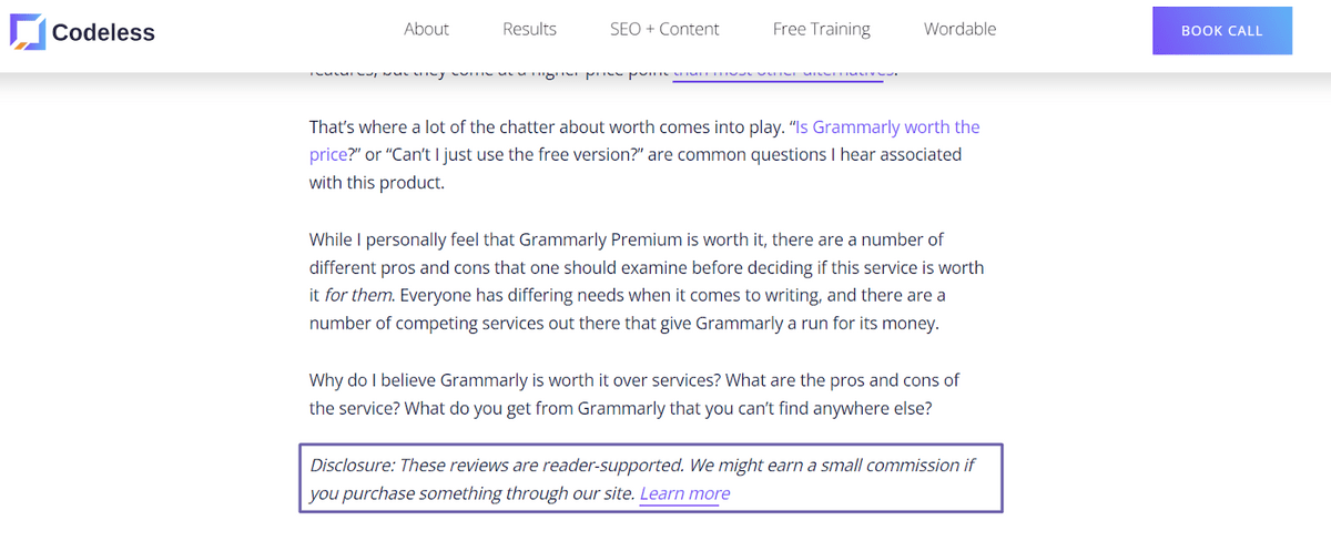 لقطة شاشة لإخلاء المسؤولية عن الشركات التابعة على موقع Codeless على الويب