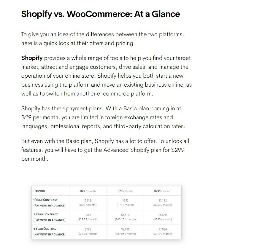 لقطة شاشة لـ Shopify مقابل منشور مقارنة Woocommerce