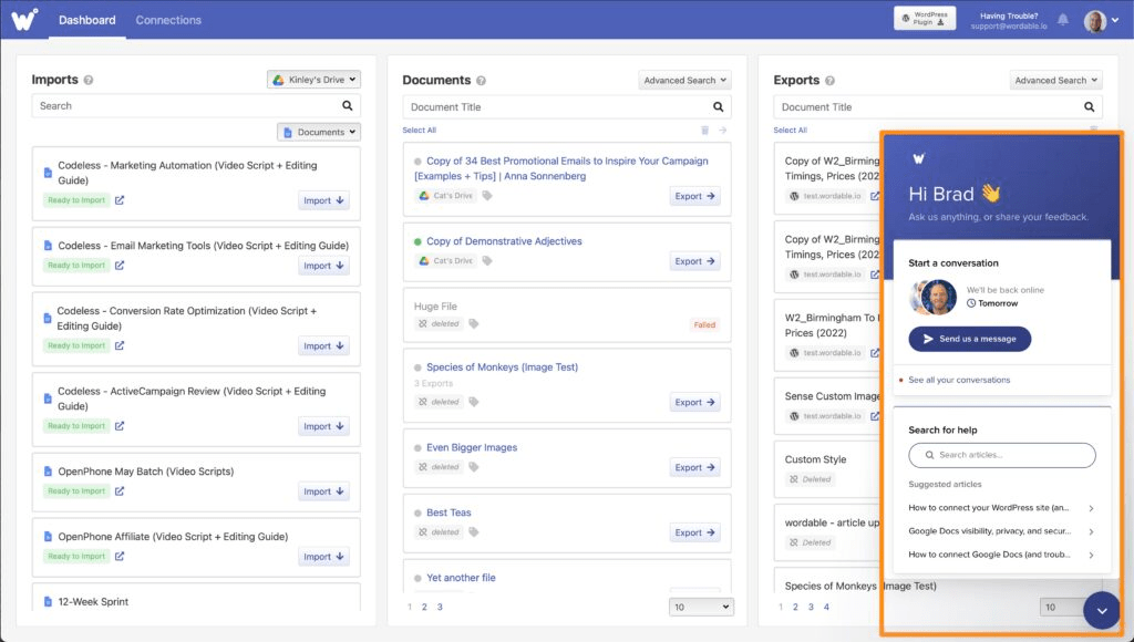 สกรีนช็อตของแดชบอร์ด Wordable