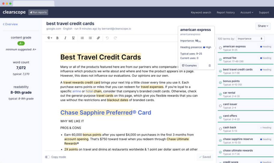 يحلل Clearscope المحتوى الخاص بك من أجل الاستخدام الصحيح للكلمات الرئيسية