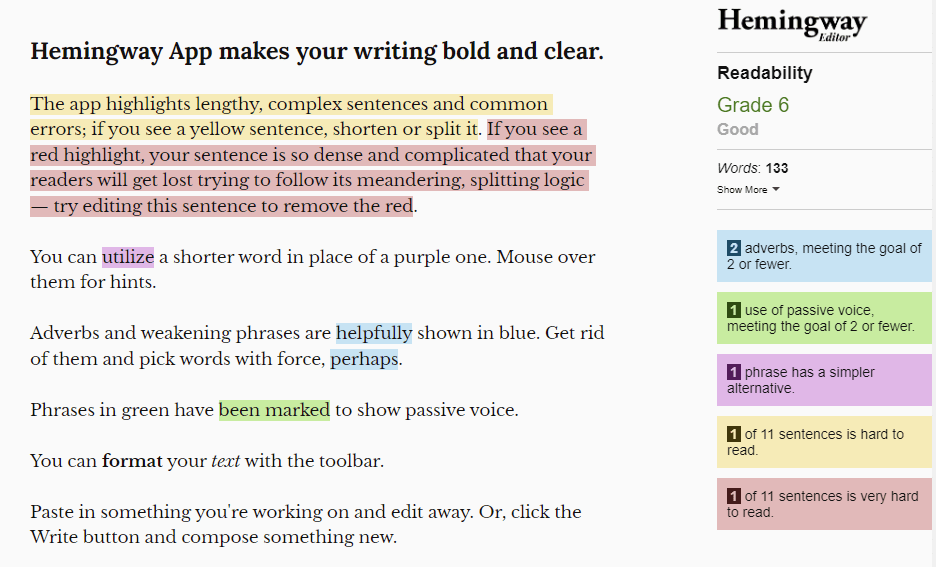 يميز Hemingway النص المعقد في المحتوى الخاص بك ويقترح التغييرات