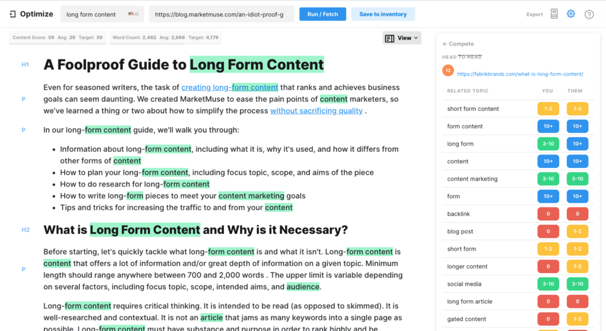 توصي MarketMuse باستخدام الكلمات الرئيسية المستهدفة والكلمات الرئيسية الثانوية