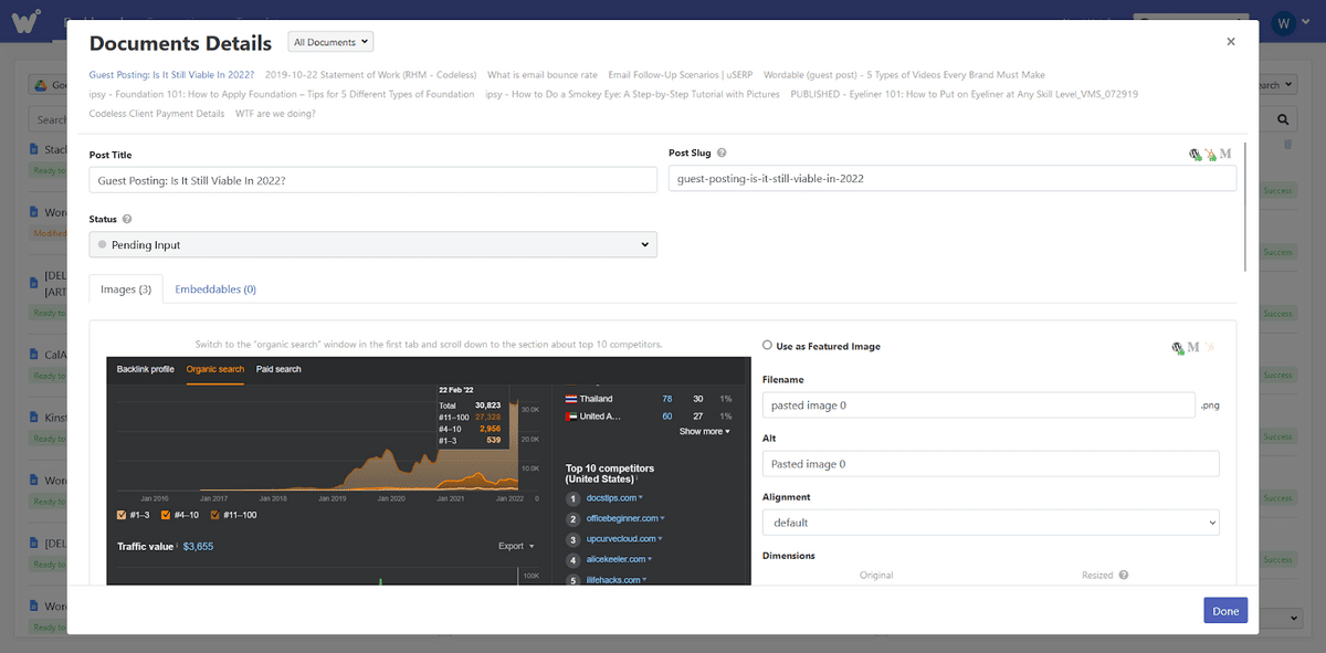 แดชบอร์ด "รายละเอียดเอกสาร" ที่ใช้คำได้แสดงการตั้งค่าต่างๆ เช่น ชื่อโพสต์, Post Slug, รูปภาพ และอื่นๆ