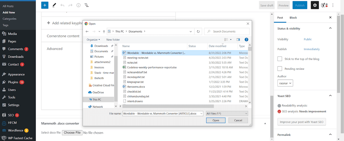 กำลังอัปโหลดไฟล์ DOCX ใน Mammoth Converter
