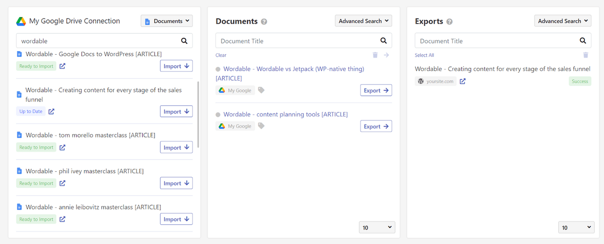 Tableau de bord d'importation et d'exportation Wordable de Google Docs