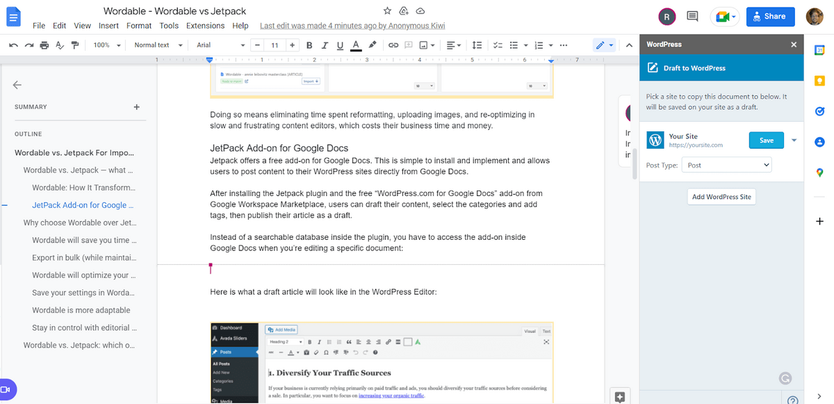 Utilisation du module complémentaire WordPress.com dans Google Docs
