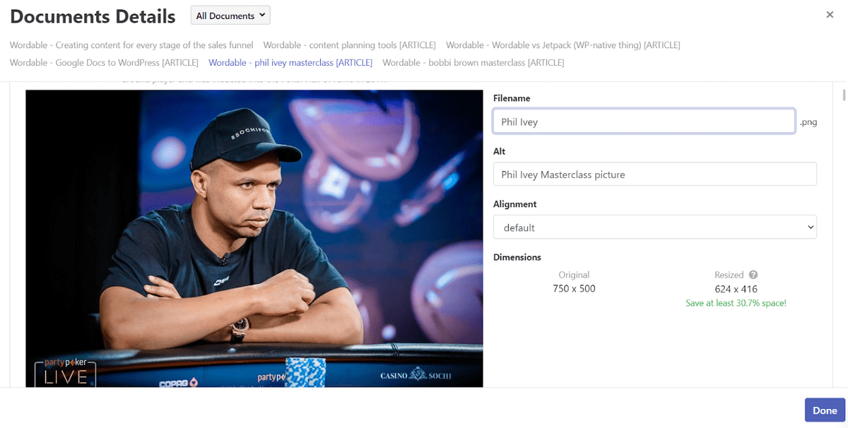 Modification du nom et des attributs de l'image dans Wordable