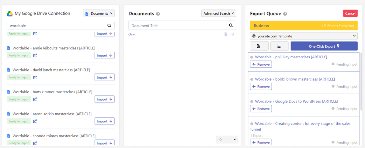 Exportation en masse dans le tableau de bord Wordable