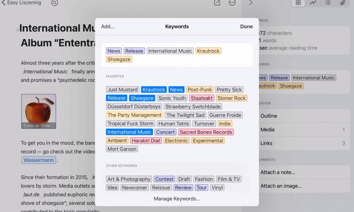 Ulysses 출판 메뉴의 키워드