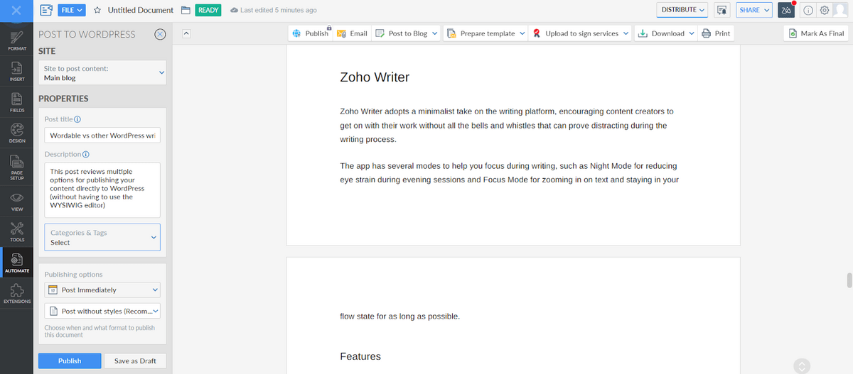Zoho Writer 출판 옵션