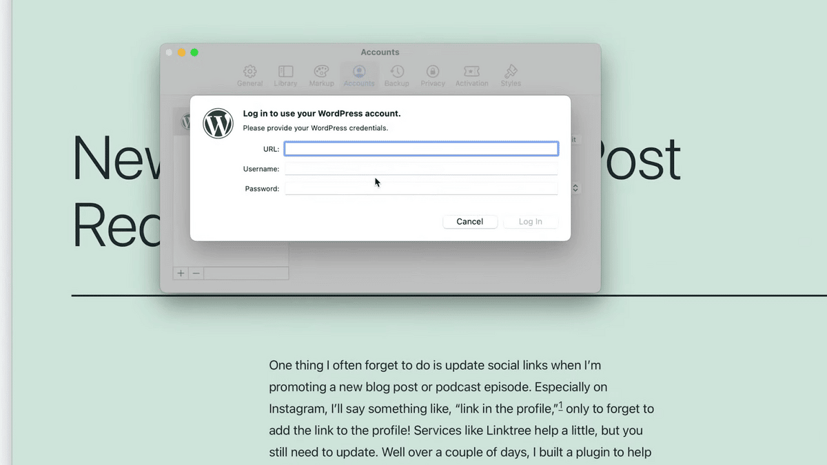 Ulysses 쓰기 앱의 WordPress 로그인 화면