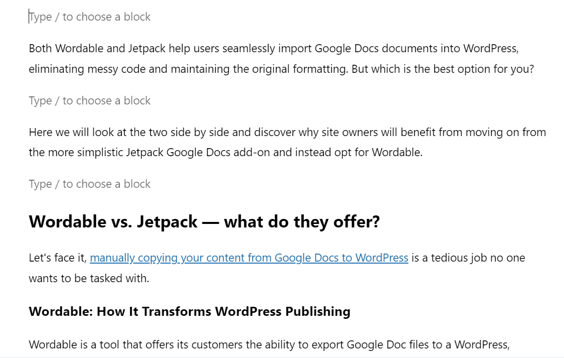 WordPress の Gutenberg エディターの余分な段落のスクリーンショット