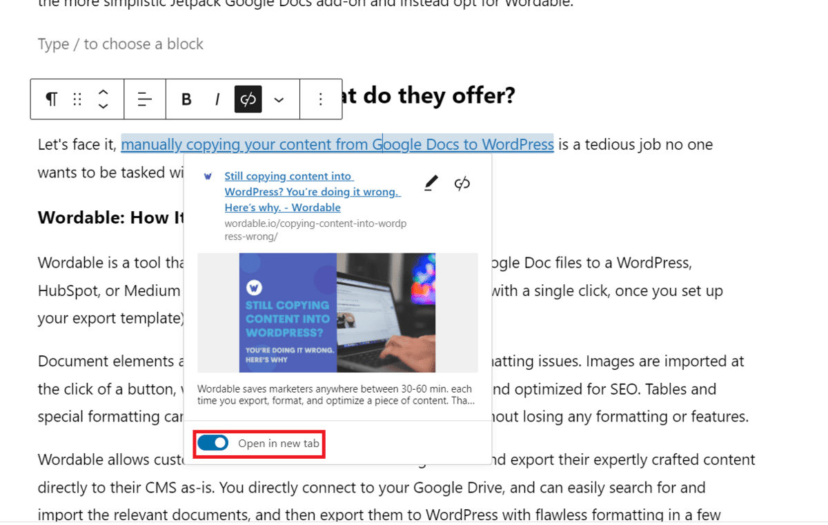 WordPress でリンク設定を編集しているスクリーンショット