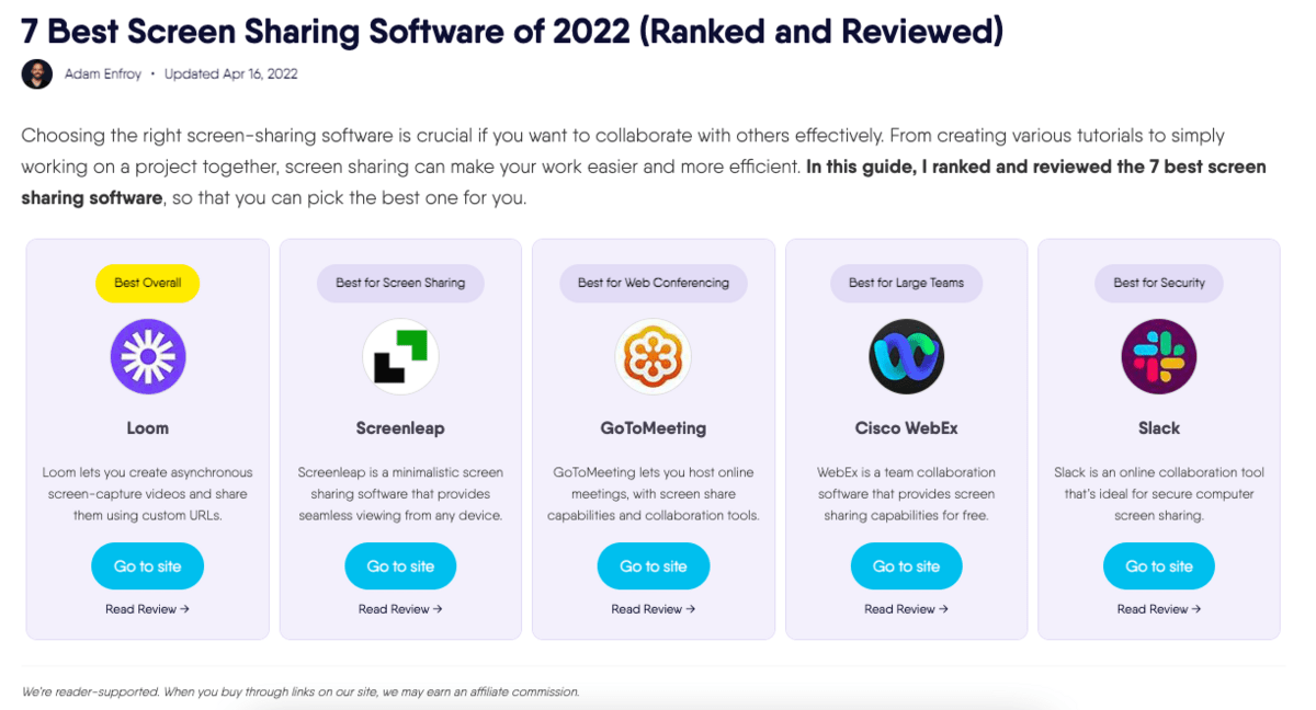 Zrzut ekranu artykułu Adama Enfroya z linkami afiliacyjnymi