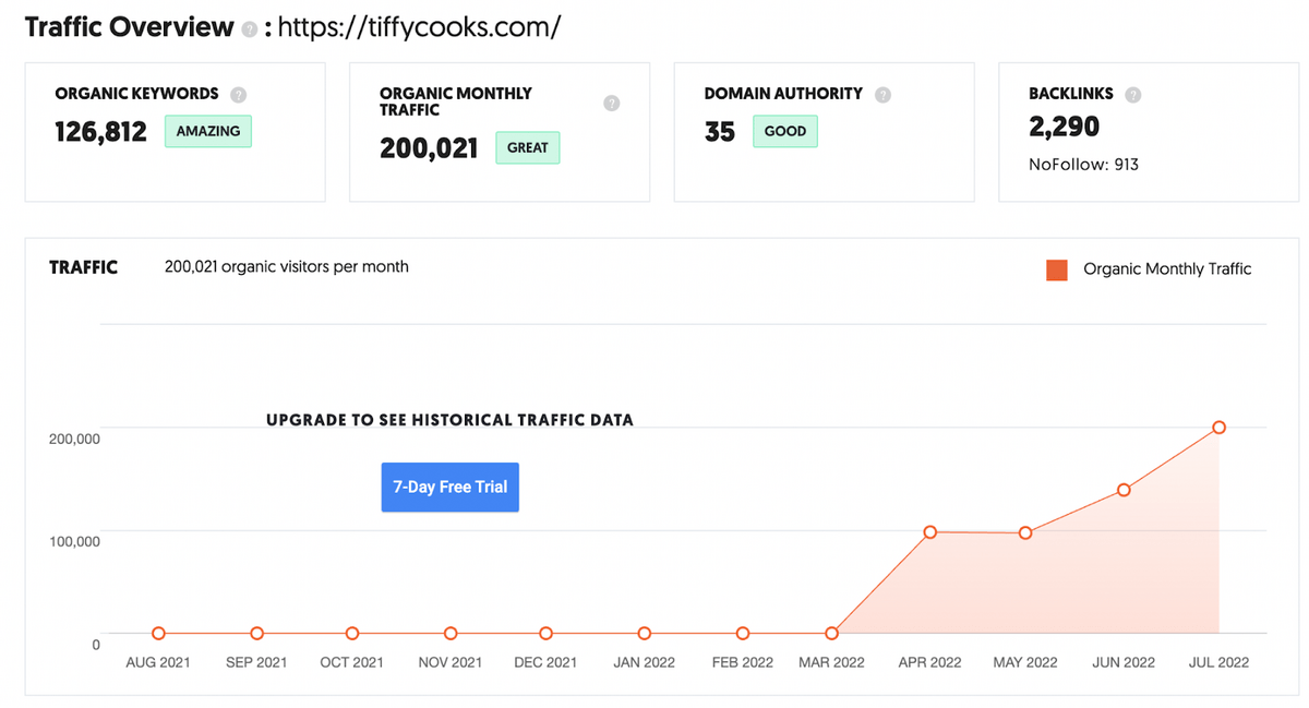 Dane o ruchu dla bloga z przepisami Tiffy Cooks