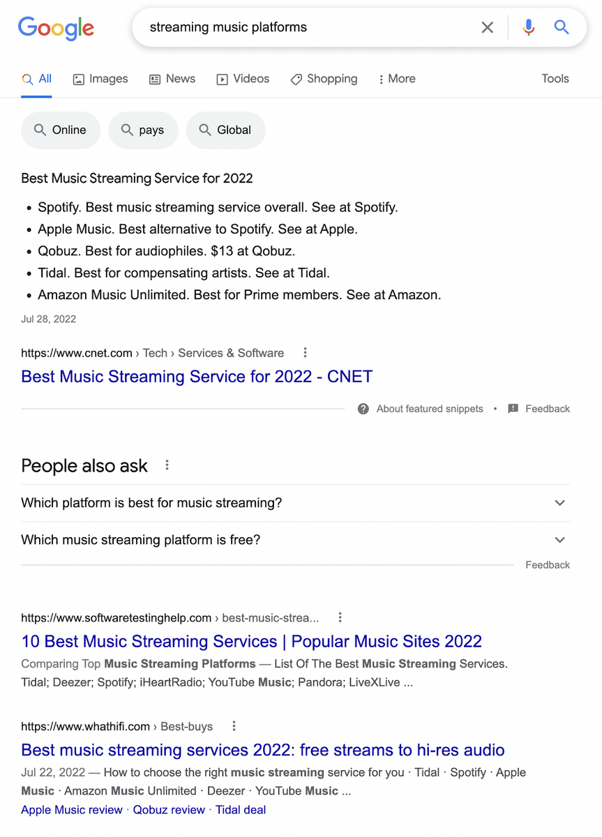 Wyniki wyszukiwania Google podczas wyszukiwania platform muzycznych do strumieniowego przesyłania