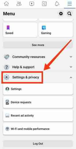 انقر فوق خيار الإعدادات والخصوصية لإلغاء تنشيط facebook مؤقتًا