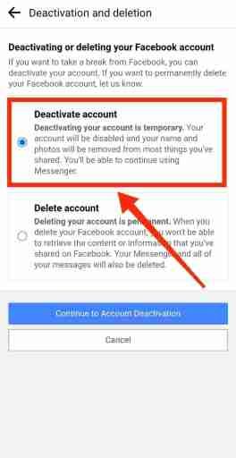 انقر فوق خيار إلغاء تنشيط الحساب لإلغاء تنشيط facebook مؤقتًا